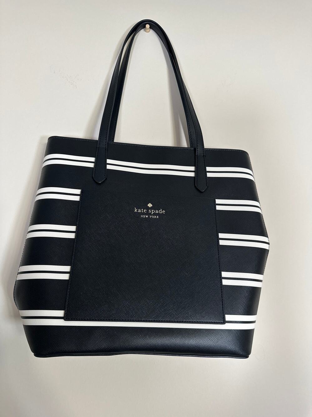 Kate Spade New York Black White Striped Large Tote Shoulder Bag